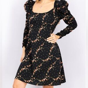 Topshop ruched puff sleeve black floral mini dress size 14 tall